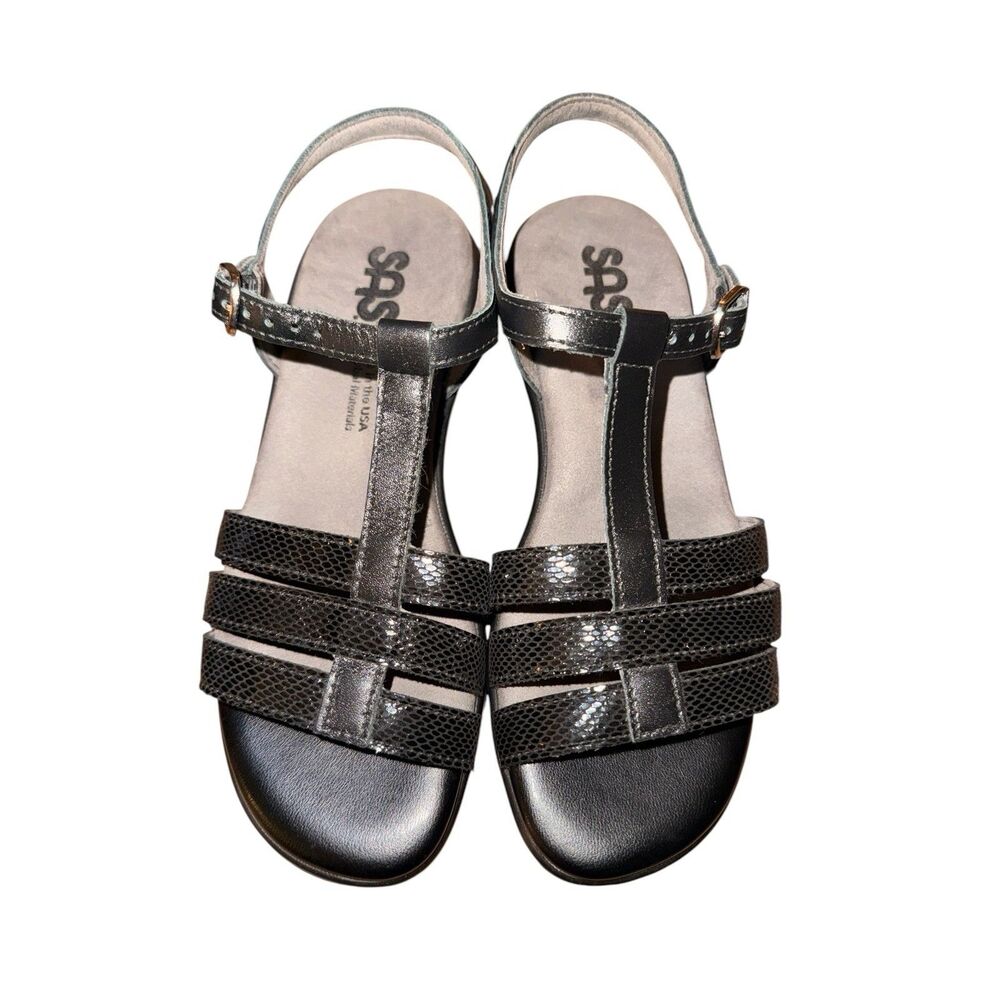 SAS Capri Tripad Comfort Sandals Womens Sz 5.5 N Black Snake T-Strap Made In USA